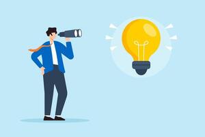 Flat illustration of businessman looking through binoculars at lightbulb idea seeking to discover new solutions and opportunities vector