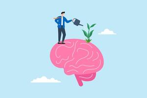 Flat illustration of businessman watering growth seedling on big brain symbolizing growth mindset for learning and improvement vector