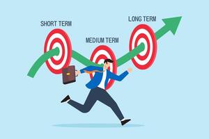 Flat illustration of businessman runs towards short medium and long term goals aiming for success and achievement vector