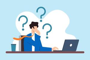 Flat illustration of businessman thinks on laptop with question mark contemplating doubts and solving problems vector