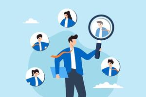 Flat illustration of HR recruiter hold magnifying glass and CV to analyze candidates during recruitment process vector