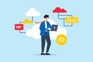 Flat illustration of businessman works on laptop engaging with cloud computing software for SaaS applications and client subscription vector