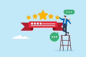Flat illustration of customer gives five-star feedback in review representing high satisfaction and reputation vector