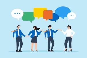 Flat illustration of business team discusses work in meeting exchanging ideas with speech bubbles illustrating conversation vector