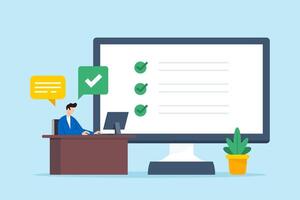 Flat illustration of man finishes online questionnaire on computer completing survey for customer feedback vector