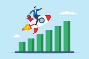 Flat illustration of businessman rides rocket on growth bar graph representing fast business growth and investment profit vector