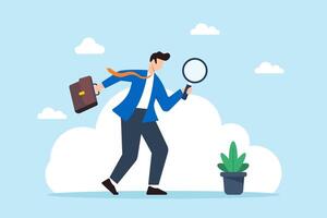 Flat illustration of businessman uses magnifying glass to search for job vacancies finding resources for career development vector