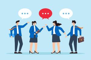 Flat illustration of business people have conversation communicating through speech bubbles during meeting vector