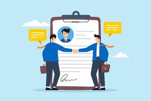 Flat illustration of two businessman shakes hands with new employee finalizing employment contract signature and recruitment agreement vector