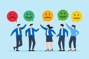 Flat illustration of young adults give emoticon feedback rating user experience and satisfaction with products vector