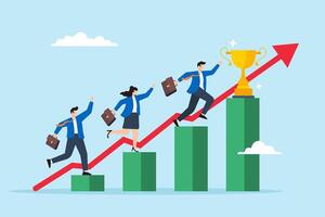 Flat illustration of business people run up graph to trophy symbolizing teamwork and achievement towards business goals vector