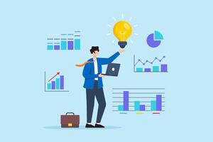 Flat illustration of businessman hold laptop analyzes data with lightbulb extracting insights for marketing research vector