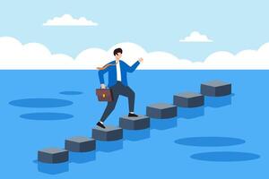 Flat illustration of businessman steps on stones across ocean symbolizing milestones on pathway to success vector