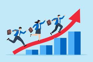 Flat illustration of business people run on growth arrow up chart symbolizing teamwork and career success vector