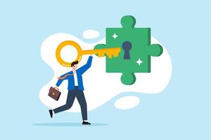 Flat illustration of businessman inserting key into jigsaw puzzle keyhole representing unlock potential solution for customer problems vector