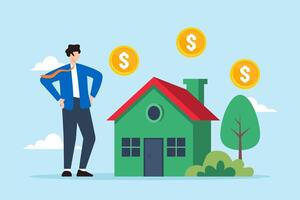 Flat illustration of businessman stands by house with dollar signs representing reverse mortgage financial concepts vector