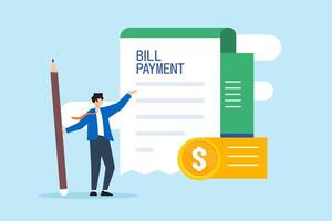 Flat illustration of businessman holds pencil and bill payment document preparing for shopping expense and transactions vector