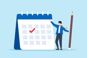 Flat illustration of businessman hold pencil marks important date on calendar reminding for meeting or launch deadline vector