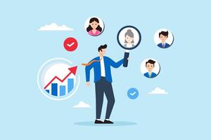 Flat illustration of businessman with magnifying glass focuses on users or client illustrating customer centric marketing strategy vector
