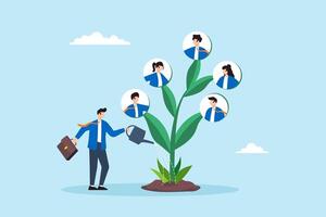 Flat illustration of businessman waters growing tree with employees illustrating HR role in career growth and development vector