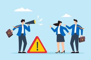 Flat illustration of businessman shouting into megaphone with exclamation sign warning colleagues about safety risks and important information vector