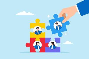 Flat illustration of HR businessman hand connects new joiner to jigsaw puzzle fitting into team effectively vector