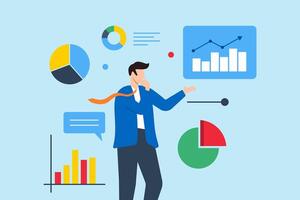 Flat illustration of businessman thinks with data charts and graphs analyzing financial data for growth and investment vector