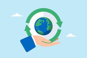 Flat illustration of hand holds circular economy cycle symbolizing sustainability and eco-friendly practices vector