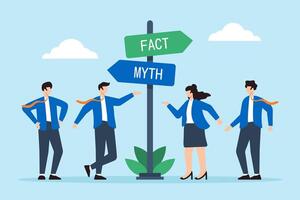 Flat illustration of business people stand at directional sign discussing fact vs myth to make right decisions vector