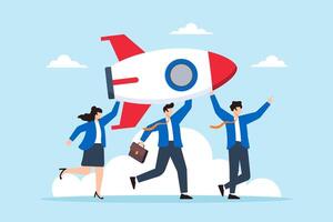 Flat illustration of business team helps carry rocket to launch symbolizing teamwork in developing new projects vector