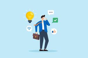 Flat illustration of smart businessman discusses ideas on phone promoting good communication skills for success vector