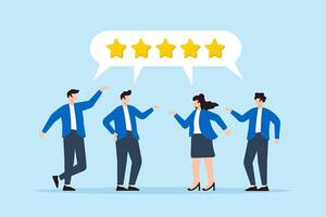 Flat illustration of various customers give reviews with bubble rating five stars illustrating customer loyalty and satisfaction with quality service vector