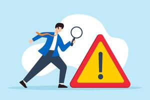 Flat illustration of businessman with magnifier investigates incidents with exclamation attention sign identifying risks and root causes of failures vector