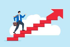 Flat illustration of businessman walks up arrow stairs symbolizing steps to success and career growth vector