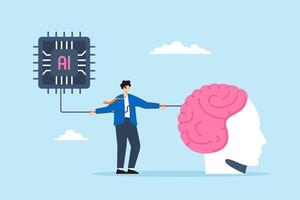 Flat illustration of businessman connecting human brain with AI chip symbolizing collaboration with artificial intelligence vector