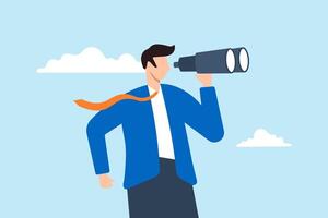 Flat illustration of curious businessman looks through binoculars searching for new job opportunities and candidates vector