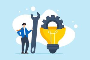 Flat illustration of businessman hold wrench builds gear in lightbulb representing innovation and product development to solve business problem vector