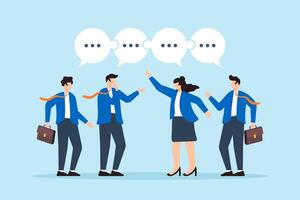 Flat illustration of business people communicate with jigsaw speech bubbles collaborating for success in meetings vector