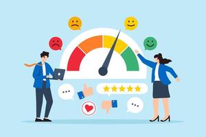 Flat illustration of two business people analyzing customer feedback brand reputation with emojis on rating gauge vector