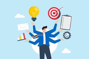 Flat illustration of smart businessman with multiple hands manages project while implementing strategic plan for development vector