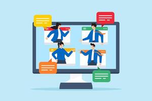 Flat illustration of business people chat in computer dialogue during online discussion and meeting vector