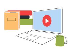 workspace or study environment with a laptop displaying a play button icon on a blue screen, a stack of folders or books, mug, creating a setting for work, education, or leisure activities. vector