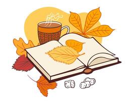 open book with colorful fall leaves, a steaming mug of tea, and small marshmallows. Perfect for cozy, seasonal designs or posters vector