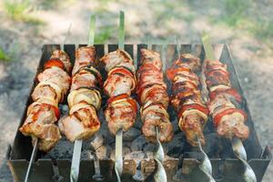 Cooking barbecue with vegetables on skewers. Roasted meat on the grill photo