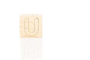Wooden cubes with letters U on a white background photo