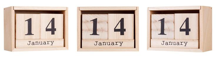 Wooden calendar, a set of dates of the month 14 January, on a white and transparent background photo