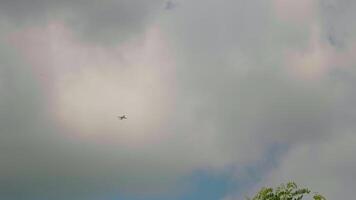 Extra large shot of bottom up seen plane in the cloudy sky. video