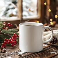 White Mug Mockup, Christmas or New Year theme photo