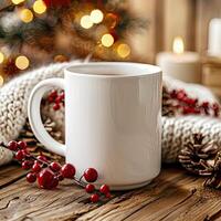 White Mug Mockup, Christmas or New Year theme photo