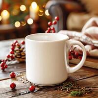 Blank white Mug Mockup, Christmas or New Year theme photo